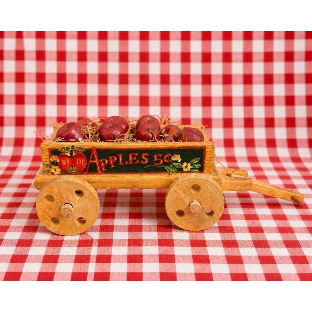 1980s Wooden Apple Wagon Cart Apples 5¢ Farmhouse Kitchen Decor Mini